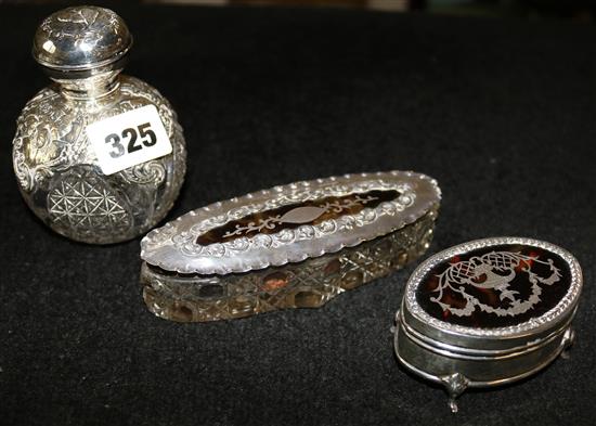 Silver mounted scent bottle & 2 silver & tortoiseshell boxes